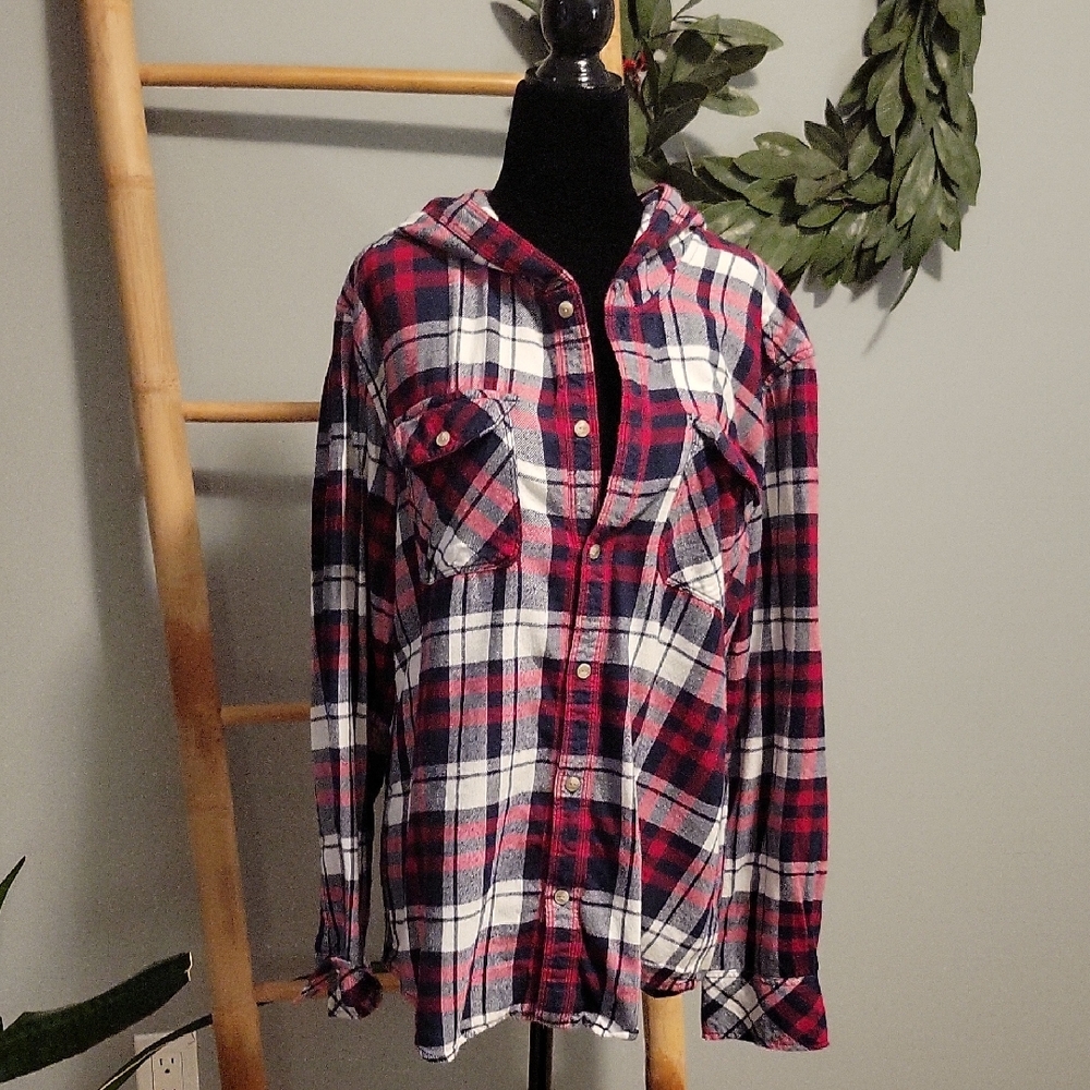 TNA Hooded Boyfriend Plaid Button Down Shirt